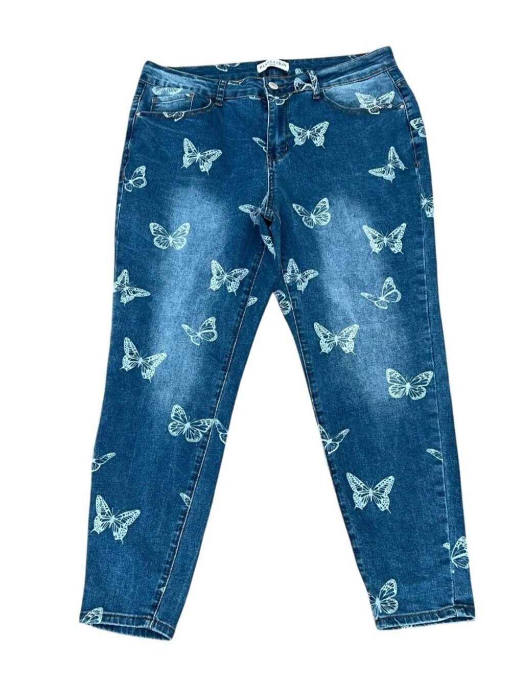 Revelation Women's Blue Butterfly Print Stretch Skinny Ankle Denim Jeans 16W